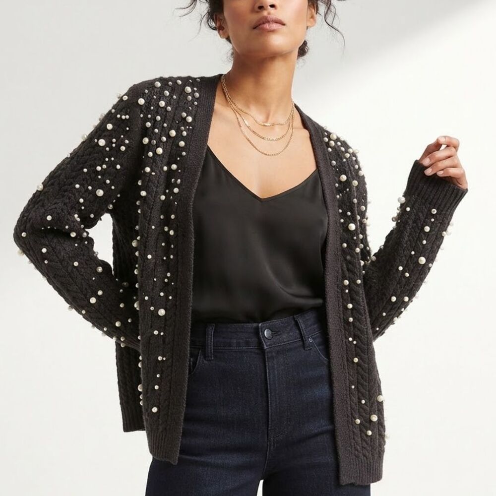 Chico's Cardigan Womens Size 2 L/12 Black Pearl Beaded Cable Knit Open Front